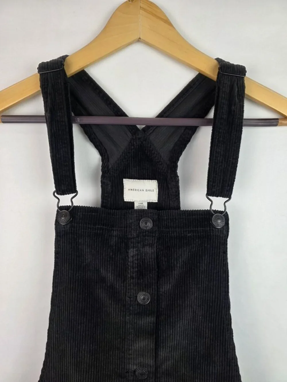 American Eagle Overall Dress Size Large Black Frayed Corduroy Jumper Mini Dress - Picture 2 of 11